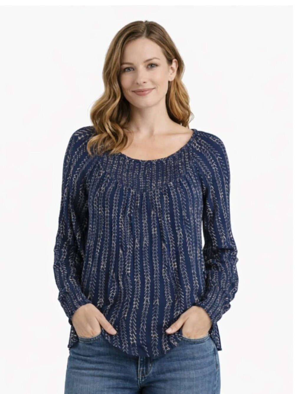 Lucky Brand Women Navy Chevron Peasant Top Long Sleeve Boho Blouse L